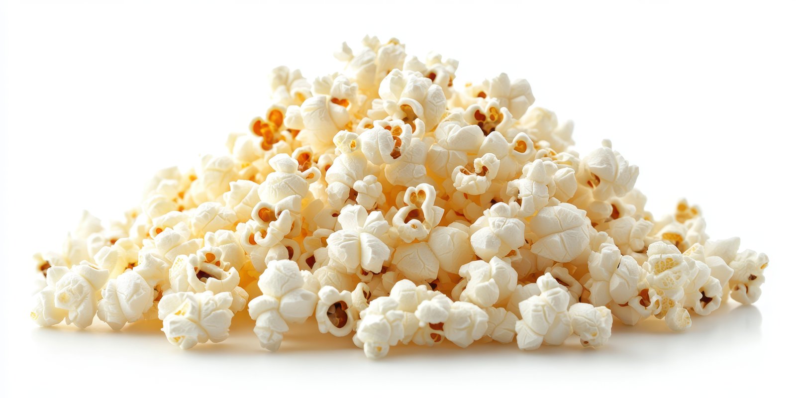 Popped corn kernels arranged neatly on a white background ready for enjoying during movie nights or gatherings